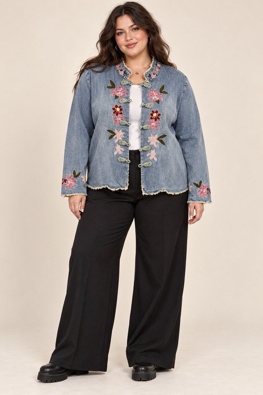 Vintage INC 1X Denim Jacket Floral Embroidered Frog Closure Asian Boho Y2K Raw